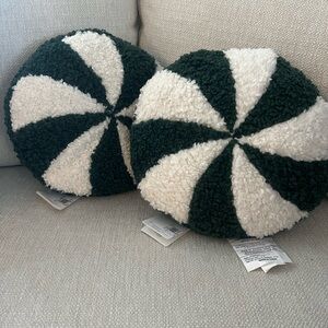 2 New Pottery Barn Cozy Teddy Peppermint Twist Candy Shaped Christmas Pillows
